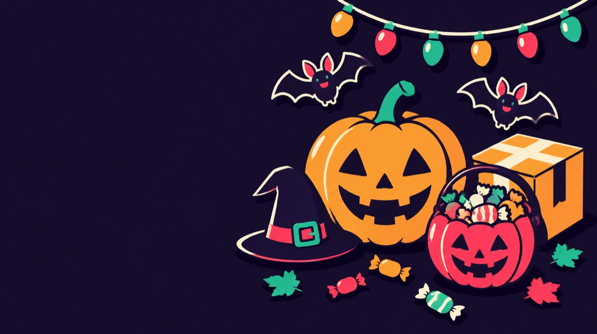 Ilustración de Halloween: calabaza sonriente, sombrero de bruja, murciélagos, dulces y una caja de envío